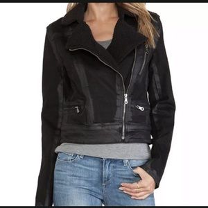 New Paige black moto jacket in coated stretch denim with faux shearling collar